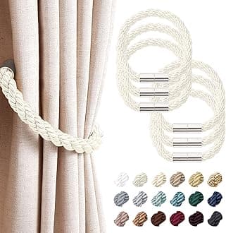 NICEEC 6 Pack Strong Magnetic Curtain Tiebacks Modern Simple Style Drape Tie Backs Convenient Decorative Weave Rope Curtain Holdbacks for Thin or Thick Home & Office Window Draperies (Creamy-White)