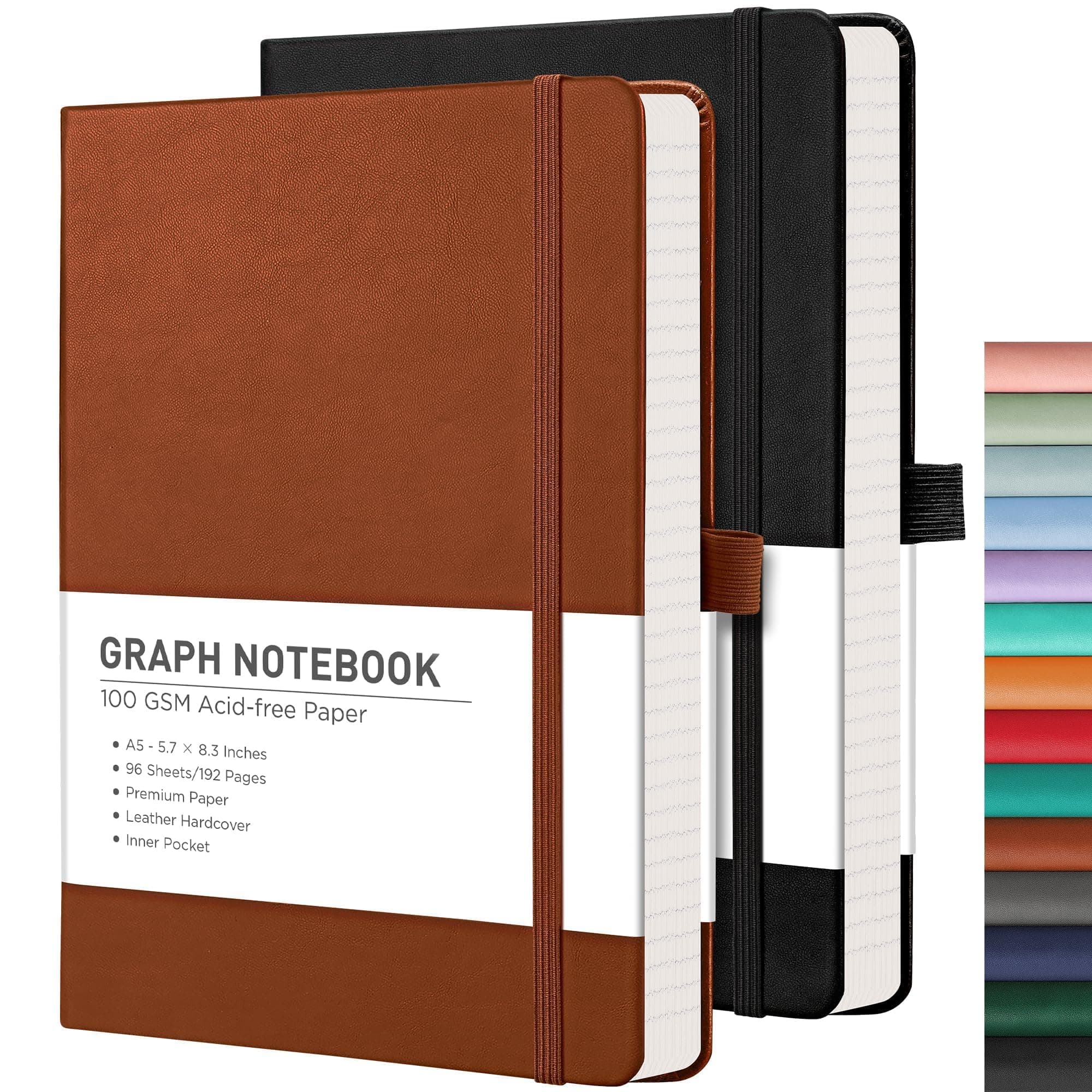 RETTACY Graph Grid Paper Notebook, 2-Pack, 192 Pages per Pack, A5 Medium Size (5.7'' x 8.3''), Leather Hardcover, 100 GSM Thick Paper, for School, Students, Math, Engineering (Black & Brown)