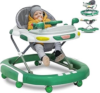 2 in 1 Foldable Baby Walker & Rocker - Multifunctional Walker with 4 Adjustable Heights, Removable Feeding Tray, Music & Silent Wheels - Baby Walkers for Boys & Girls 6 Months+ (Green)