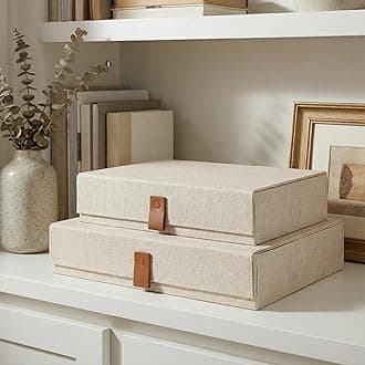 ZICOTO Decorative Photo Storage Boxes with Lids - Set of 2 Beautiful Linen Organizers Are Perfect to Safely Store Your Pictures, Documents, Scrapbooking Supplies, Keepsakes and Other Memories in Style