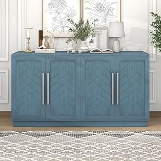 Storage Cabinet, Sideboard with 4 Doors Large Storage Space Buffet Cabinet with Adjustable Shelves and Silver Handles for Kitchen/Dining Room/Living Room, Antique Blue