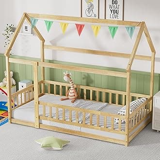 Twin Size Montessori Floor Bed with Roof & Fence for Boys Girls Bedroom,Twin Size Platform Solid Wood Bed Frame w/Safety Guardrails,Easy Assemble,No Box Spring Needed, Natural