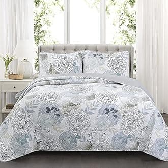 Cozy Line Home Fashions Nina Trista Flowers Aqua Blue Turquoise Grey Floral Print Pattern Quilt Bedding Set, Reversible Cotton Bedspread Coverlet for Women Men (Aqua Blue, King - 3 Piece)