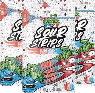 Sour Strips Sour Candy Belts, Doubleberry, Resealable Candy Bags, 3.4 Ounce (Pack of 3)