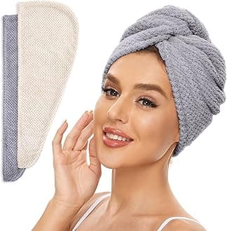 2 Pack Microfiber Hair Towel Wrap for Women, Anti Frizz Quick Drying Hair Turban for All Hair Style, Absorbent and Lightweight (Beige + Grey)