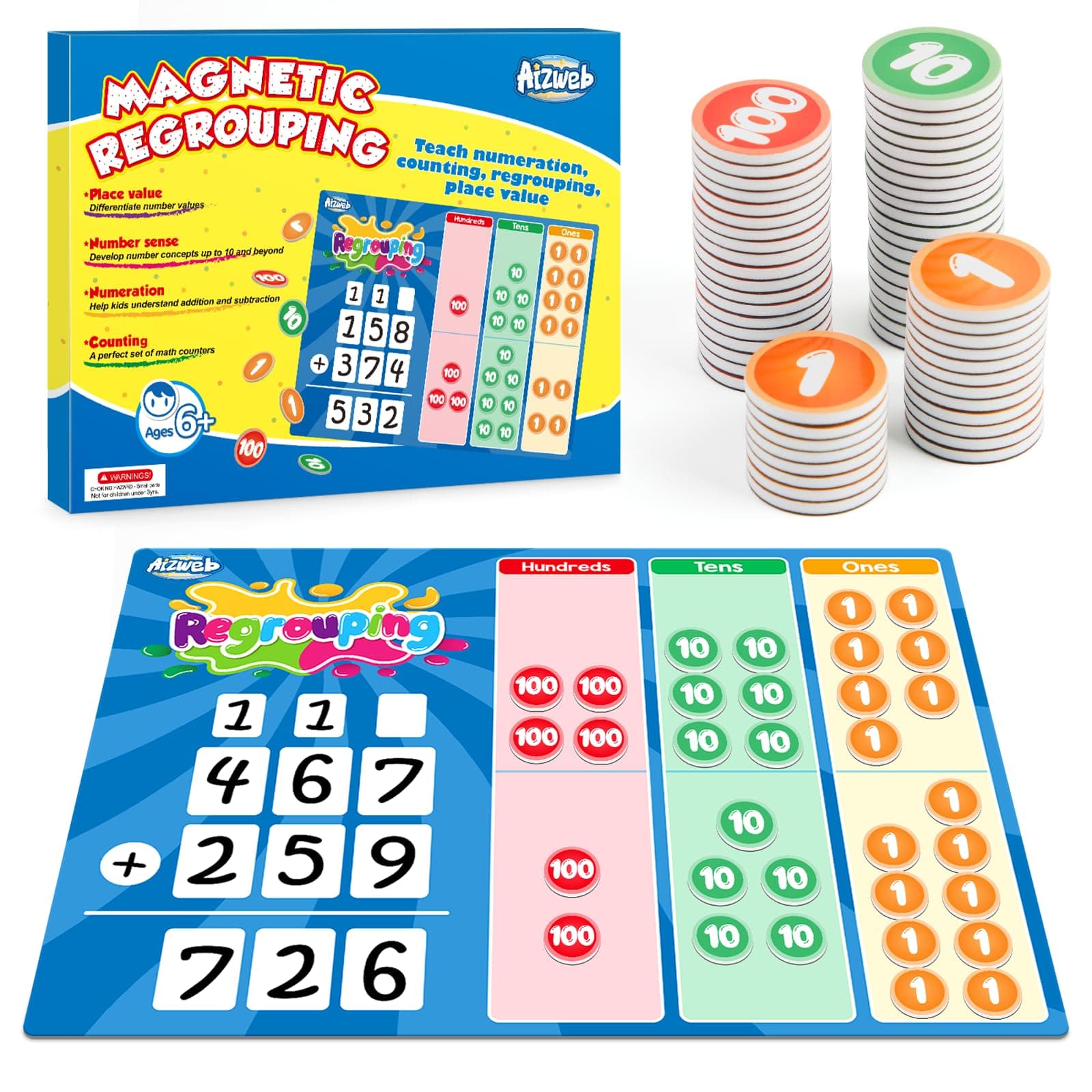 Aizweb Regrouping Base Ten Place Value,Addition and Subtraction Math Manipulatives,Magnetic Dry Erase Board for 1st 2nd 3rd Grade Student Classroom Must Haves,Math Games for Kids Homeschool Supplies