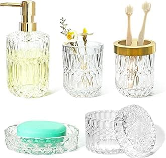 Clear Bathroom Accessories Set, 5pcs Crystal Glass Bathroom Set Accessories, Soap Dispenser, Toothbrush Holder Set, Soap Dish, Tumbler, Qtips Holder for Vintage Bathroom Decor, Gift Set