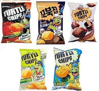 [Combo of 5 Big Packs] Orion Turtle Chips, Flaming Lime/Sweet Corn/Truffle/Seaweed/Chocolate Churros Flavor, Super Crunch, 5.64 oz