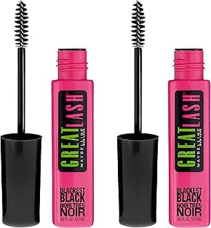 Great Lash Washable Mascara Makeup, Volumizing Lash-Doubling Formula That Conditions As It Thickens, Blackest Black, 2 Count