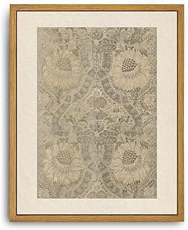 Framed Canvas Wall Art Vintage Print Paintings Neutral Tapestry Textile Antique Peonies Leaves Pattern Silk Silver Brocade Retro for Home Living Room Bathroom Wall Decor (8"x10")