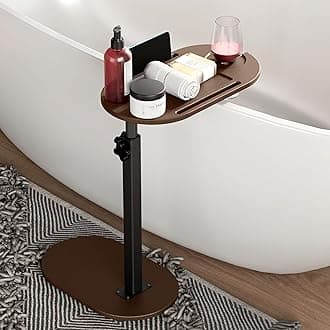 Bamboo Bathtub Tray Table with Adjustable Height, Freestanding Bath Caddy Side Table for Tub Against Wall, Tub Shelf with Wine Glass Phone Holder, Functional Tray - Patent Protected (Brown)