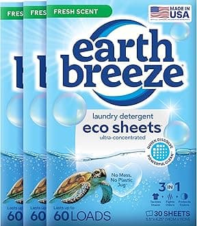 Earth Breeze - Liquid-less Laundry Detergent Sheets - Fresh Scent - No Plastic Jug (180 Loads) 90 Sheets (Pack of 3)