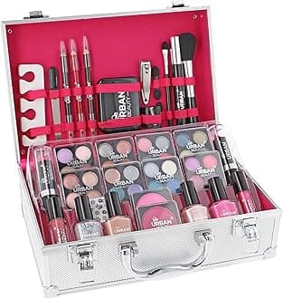 LOVE URBAN BEAUTY Dazzling Makeup Case – 60-Piece Vegan Makeup Set for Teenagers – Elegant Silver Box – Compact and Lightweight Design – Travel-Friendly Women’s Makeup Set