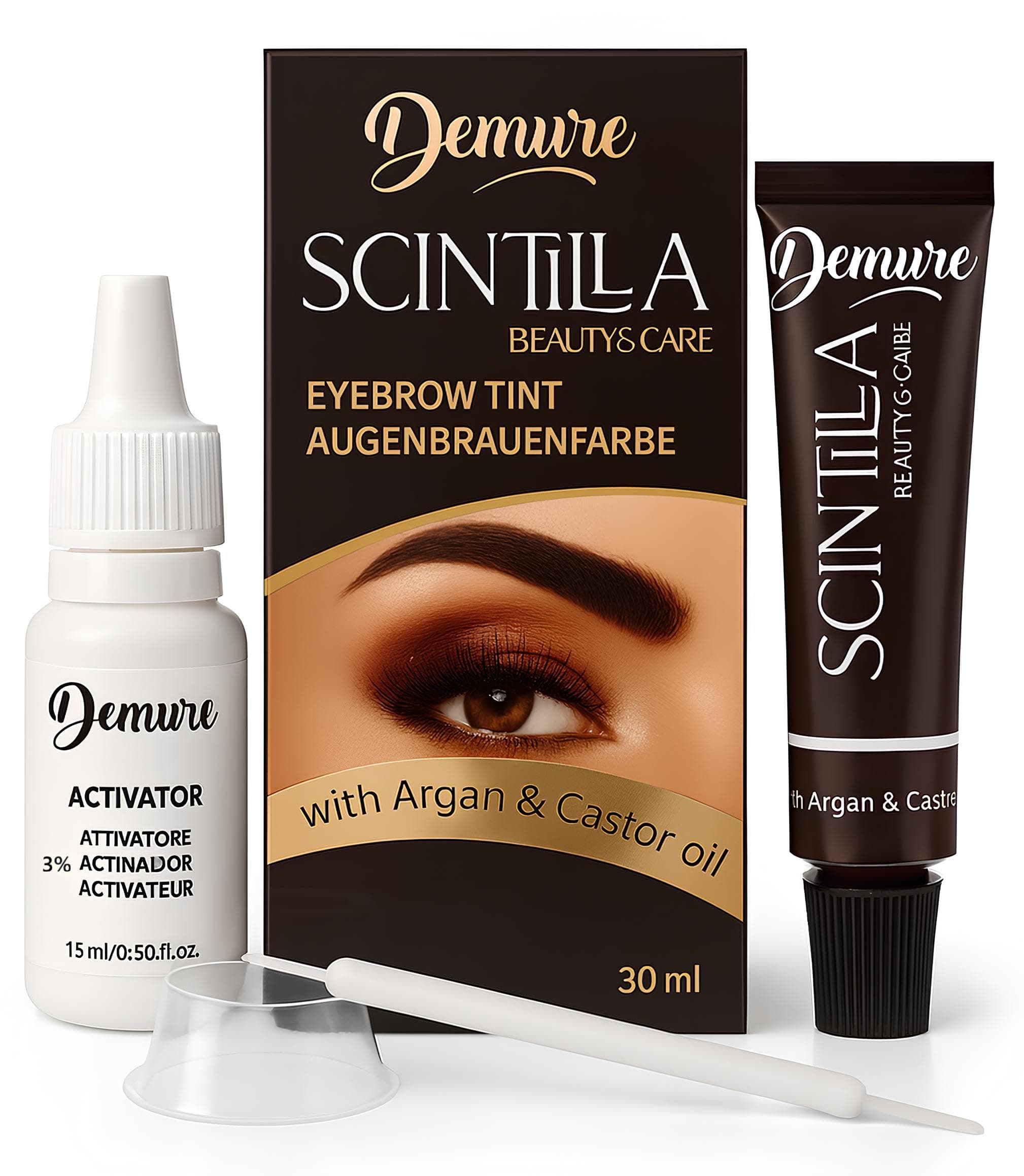 Demure Eyebrow Tint Set with Developer, 20+ Applications, Up to 4 Weeks Lasting Effect, Brow Dye Kit with Argan and Castor Oil, All in One Tinting Set (3.0 Dark Brown)