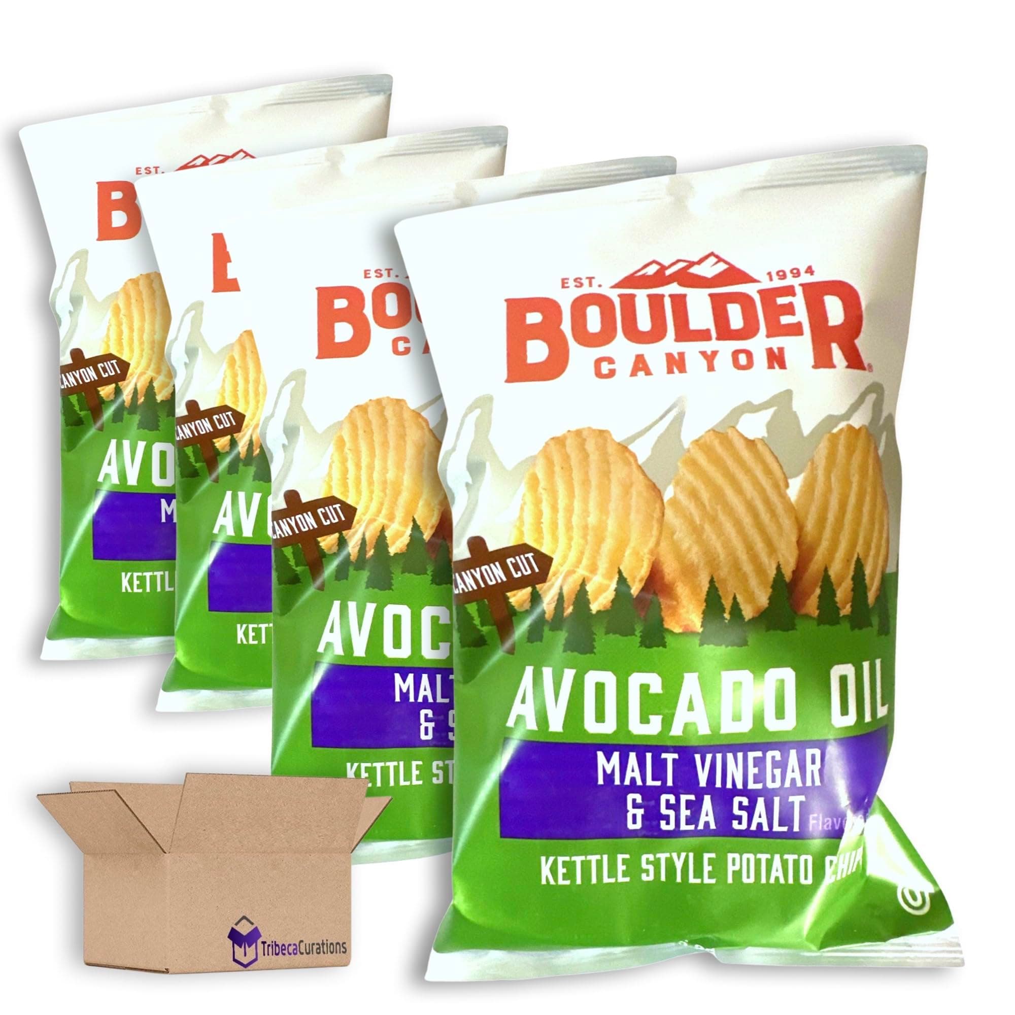 Avocado Oil Chips from Boulder Value Bundle | Tribeca Curations | Crinkle Cut, Value Pack, Gluten Free, Non-GMO, Kosher | 4 Bags | (Malt Vinegar)
