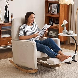 FOXHUNTER Rocking Chair Nursery with Adjustable Footrest and High Backrest, Upholstered Glider Chairs with Side Pockets for Nursery, Rocker Armchair Indoor for Living Room,Beige