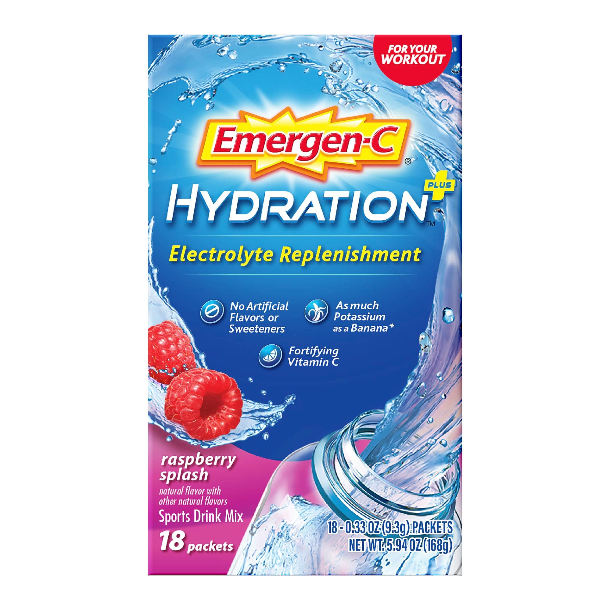 Hydration+ Sports Drink Mix With Vitamin C (18 Count, Raspberry Flavor), Electrolyte Replenishment, 0.33 Ounce Powder Packets