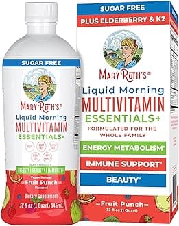 MaryRuth Organics Liquid Morning Multivitamin Essentials+ | Vitamin A C D E B6 B12 Biotin Zinc, Mens Womens Multivitamin, Immune Support, Beauty | Sugar Free | Vitamins for Ages 1+ | Vegan | 32 Fl Oz