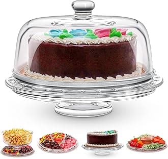 Glass Acrylic Cake Stand with Dome Cover (6 in 1) Multi-Functional Serving Platter and Cake Plate - Use as Cake Holder, Salad Bowl, Platter, Punch Bowl, Desert Platter, Nachos & Salsa Plate (Glass)