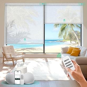 HeyBlinds Motorized Blinds with Remote, Smart Roller Shades with App & Voice Control, Work with Alexa Google HomeKit, Light Filtering Custom Shades for Living Room (Light Chaser-Perla Bianca LF)