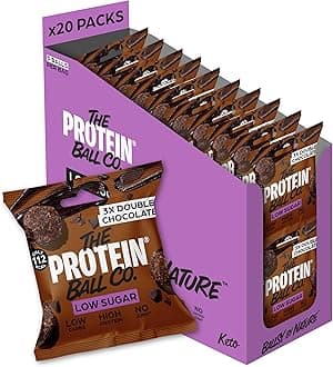 The Protein Ball Co Double Chocolate Low Sugar Protein Balls - Keto Friendly Snacks, Gluten-Free, Low Carb, Low Calorie Snacks - Healthy Energy Balls, Box of 20 Bags