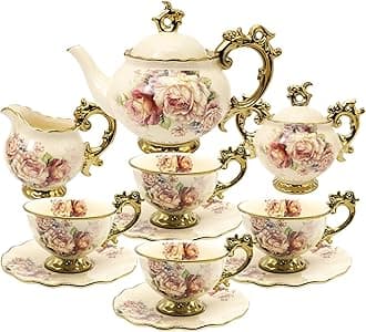 15 Pieces British Porcelain Tea Set, Floral Vintage China Coffee Set, Wedding Tea Service for Adult, Big Tea Cup
