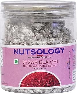 - NUTSOLOGY Kesar Elaichi Soft Silver Coated Supari 150g – Premium Kesar Elaichi Flavoured Mouth Freshener | Sweet After Meal Digestive Mukhwas | PET Jar