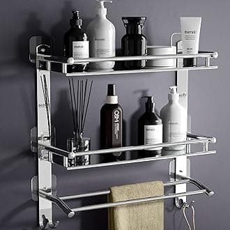 GLOXY Premium Stainless Steel Bathroom Shelf Rack 3 Layer with Towel Rods & Multipurpose Hooks - Adhesive Magic Sticker Bathroom Organiser Rack for Home, Office, Hotels & Restaurants