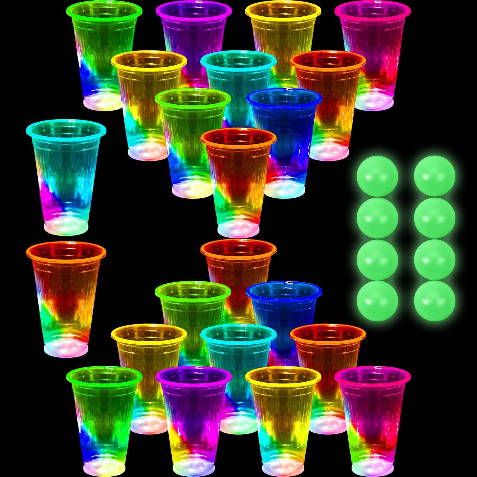 30 Pcs Glow in the Dark Cup Set Include 16 oz LED Plastic Clear Disposable Cups Glowing Pongs Horror Stickers for Party Beverage Pong Game Birthdays Concerts Party Holidays
