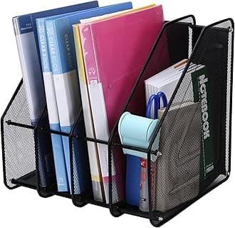 Mesh Magazine File Rack Holder, 4 Compartments Metal Filing Rack Home Office Desk Book Sorter Storage Shlef for Paper Magazine Literature Documents and Books -Black