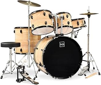 5-Piece Full Size Complete Adult Drum Set w/Cymbal Stands, Stool, Drum Pedal, Sticks, Floor Tom - Natural