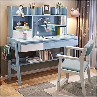 Kids Study Desk and Chair Set Multifunctional Solid Wood Desk for Kids Room 6-18 Height Adjustable Children School Study Desk with 0-60° Tilt Desktop, for Boys Girls (Color : Blue, Size : 100x60x130