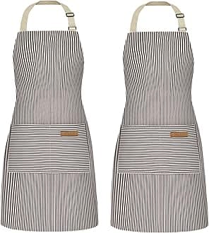 NLUS 2 Pack Cooking Aprons for Women with Pockets, Adjustable Kitchen Bib Aprons Chef Aprons for Women Men(Brown Pinstripes)