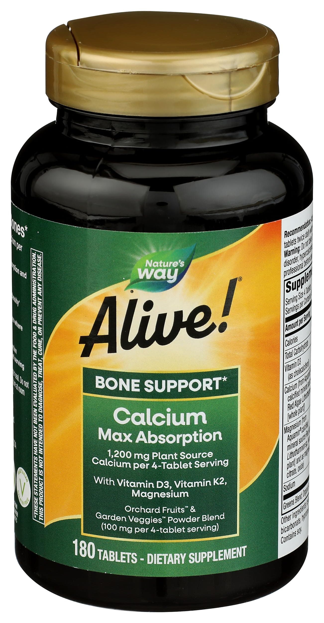 Nature's Way Alive! Calcium Bone Formula, Max Absorption, Plant Source Calcium, 180 Tablets, 180 Count