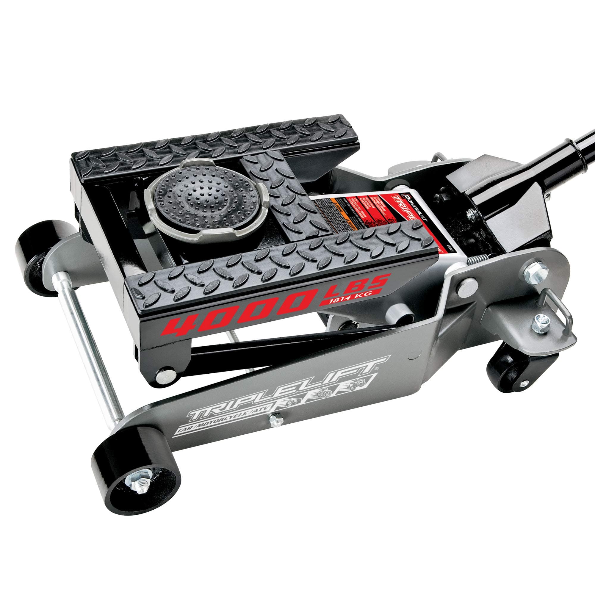 Powerbuilt 2 Ton Triple Lift Floor Jack, Works on Cars, Trucks, Motorcycles, ATV's, Transmissions, 4-3/4 to 17 in. Range, Wide and Stable, Locking Safety Bar - 620422E