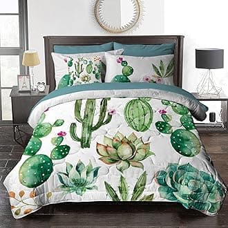 BlessLiving 8-Piece Cactus Comforter for Twin Bed Girls Green Plants Comforter Set Bed in A Bag - 1 Reversible Comforter, 2 Pillow Shams, 1 Flat Sheet, 1 Fitted Sheet, 1 Cushion Cover, 2 Pillowcases