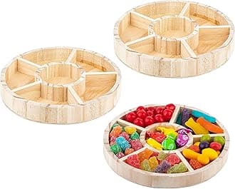 Hammont Round Wooden Tray – 3-Pack – 8.5″ x 1″ – 6 Section Divided Serving & Snack Platter for Appetizers, Veggies, Montessori Activities