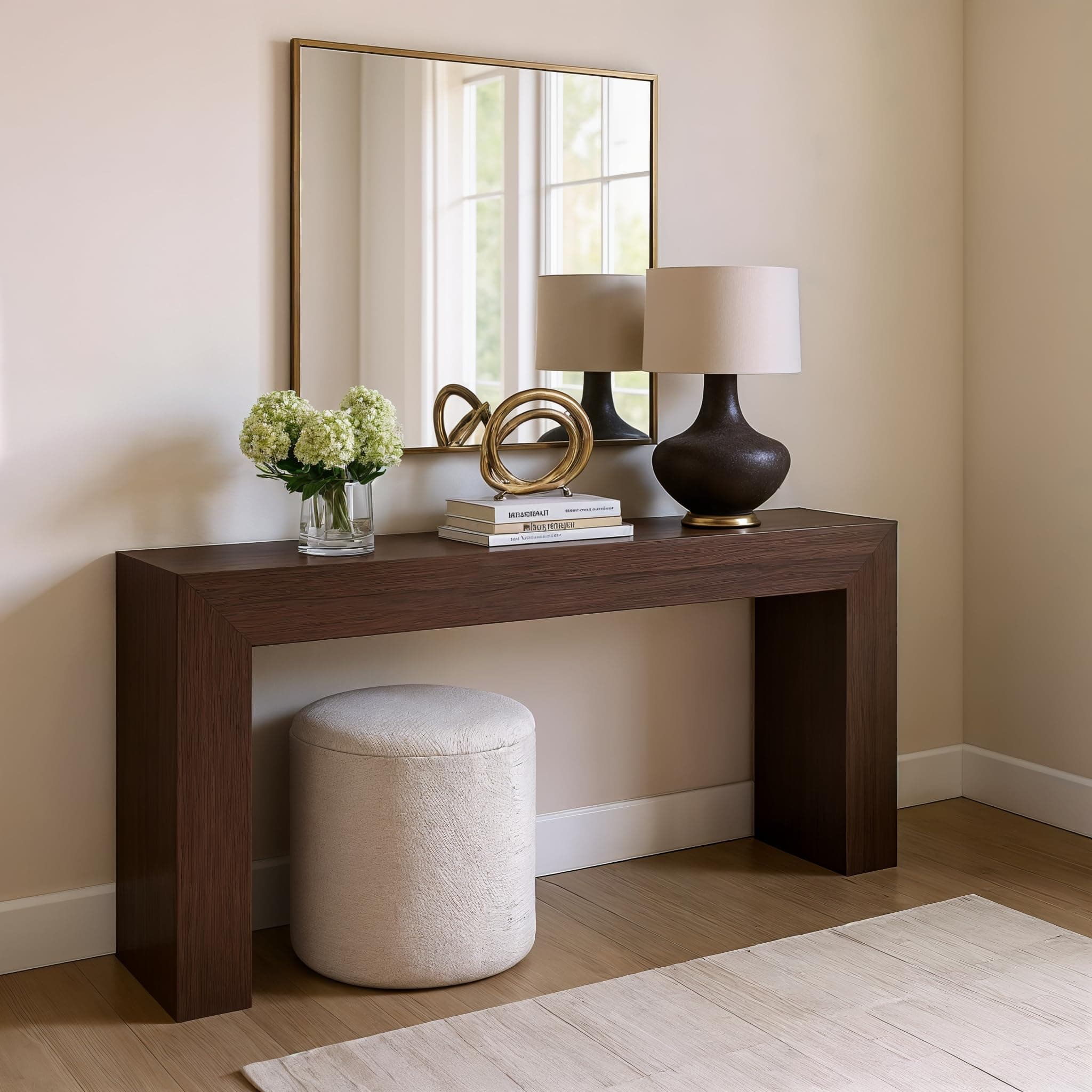 Grand Console Table, 66 Inch Modern Solid Wood Sofa Table, Narrow Entryway Table for Hallway, Behind The Couch, Living Room, Foyer, Walnut Wirebrush