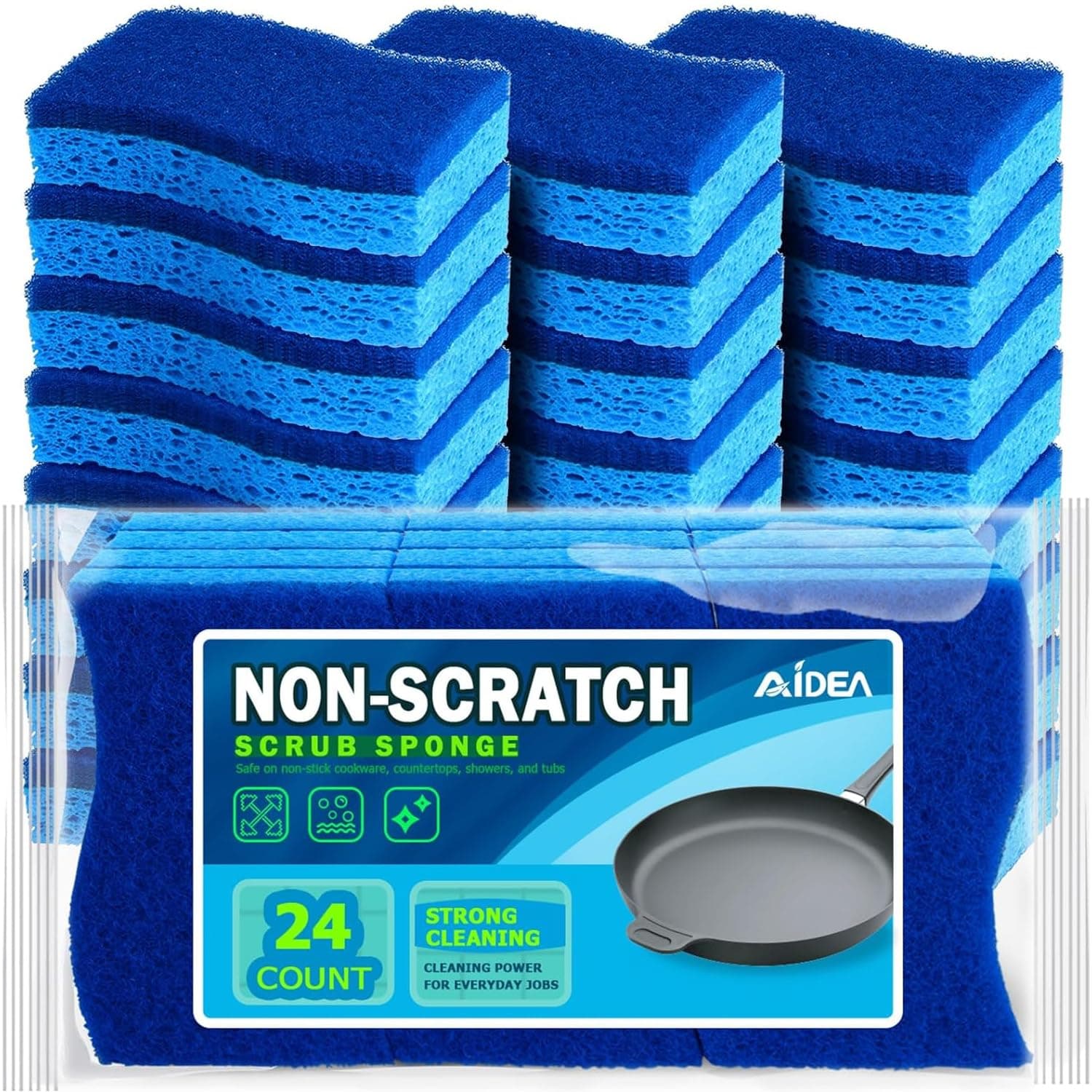 AIDEA-Brite Non-Scratch Scrub Sponge, Cleans Fast Without Scratching, Stands Up to Stuck-on Grime, Cleaning Power for Everyday Jobs, 24 Scrub Sponges