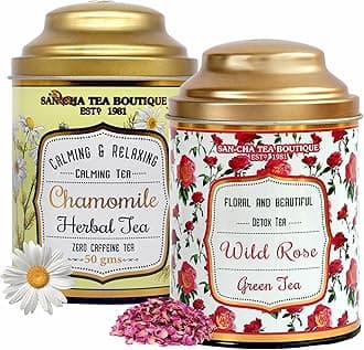 Sancha Tea Boutique, Combo Pack: Chamomile Herbal (50g), Caffeine Free Herbal Tisane & Wild Rose Green Tea (100g), Real Rose Flower & Chamomile Flower Blend