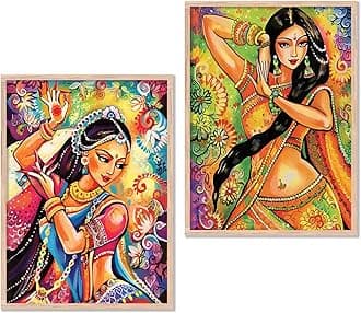 kotart Madhubani Art Framed Painting for Home, Living Room, Hall | Traditional Woman Pichwai Art Paitnings with Frame for Home Decor (Set of 2) (Style03)