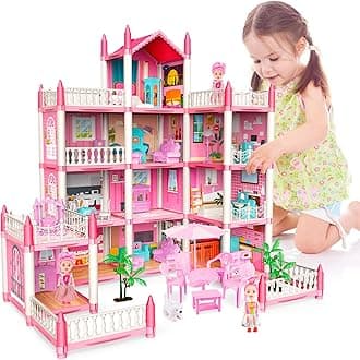 deAOPrincess Girl Toys 4-Story 14 Room Dollhouse Playset with 4 Dolls, Furniture & Accessories, Princess Castle Toy for 3-8 Kids