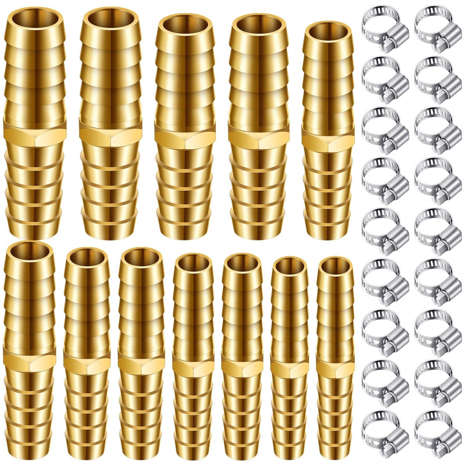 Yaocom 12 Pcs Brass Hose Barb Fitting Splicer Mender Joiner Barbed Hose Fittings with 18pcs Stainless Steel Pipe Clamp for Air/oil/water/fuel, 3/16 1/4 5/16 3/8 1/2 5/8 Inch(Classic,Brassy)