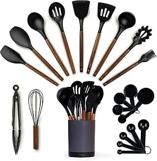 Kitchen Utensils Set – 22-Piece Silicone Cooking Utensils Set, Spatula Set with Holder, Wooden Handle Silicone Kitchen Gadgets for Nonstick Cookware