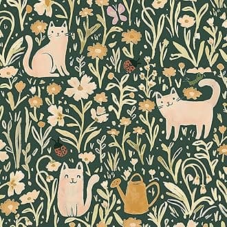 CiCiwind Peel and Stick Wallpaper Green Floral Contact Paper 41CM×3M Self Adhesive Vinyl Wrap Waterproof Yellow Flower Cats Sticky Back Plastic Removable Wall Furniture Covering Vinyl Film