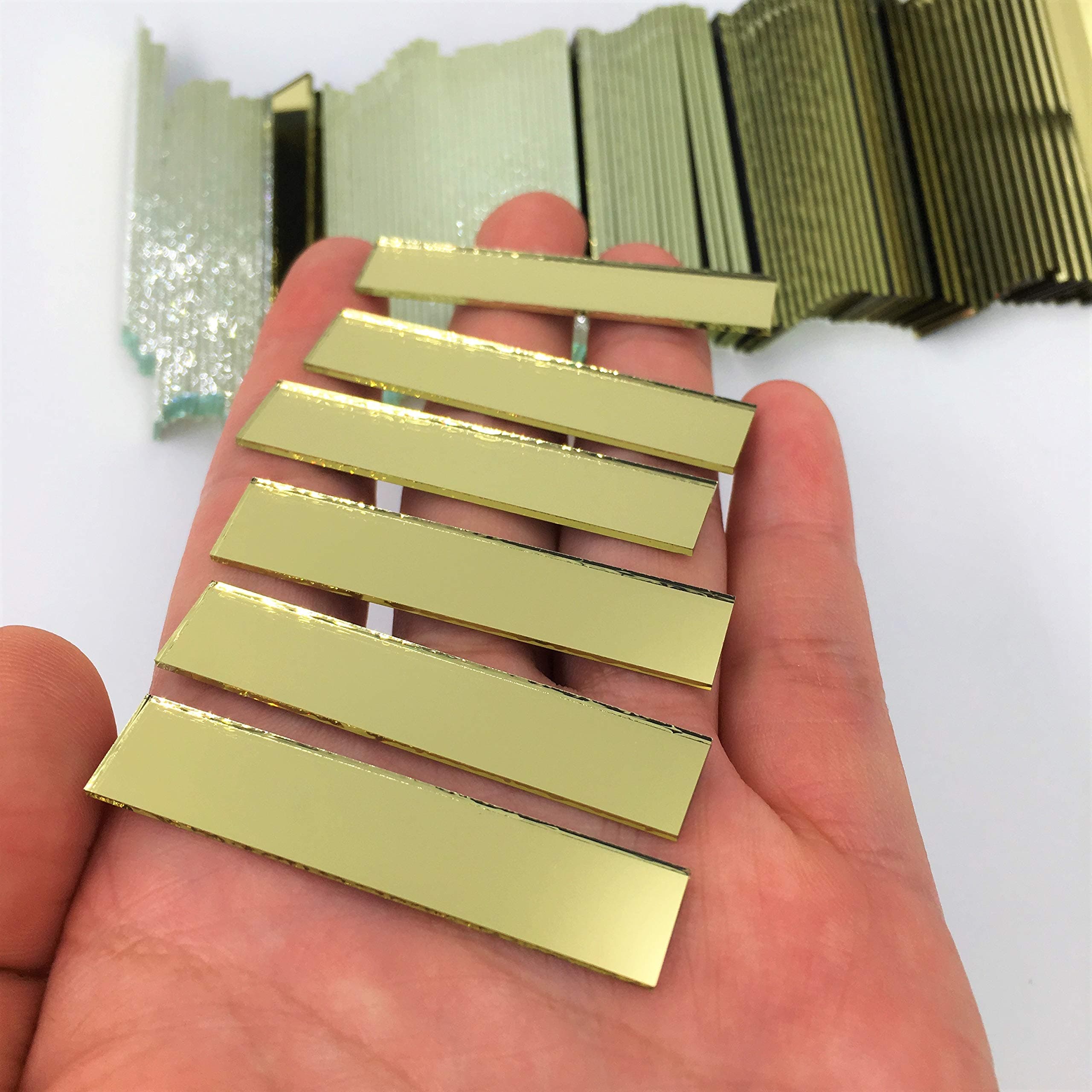 NUO RUI Rectangular 3/8" x 2" Mirror Mosaic Tiles Gold Colored Craft Mirror Pieces (Pack of 100）