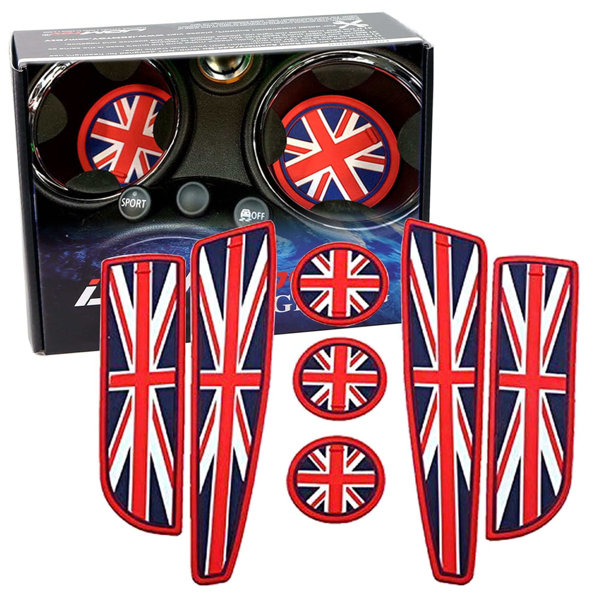 iJDMTOY Union Jack Style Silicone Interior Cabin Mats Compatible with MINI Cooper R55 R56 R57 R58 R59, 7-Piece Red/Blue Cupholder Coasters, Side Door Compartment Liners