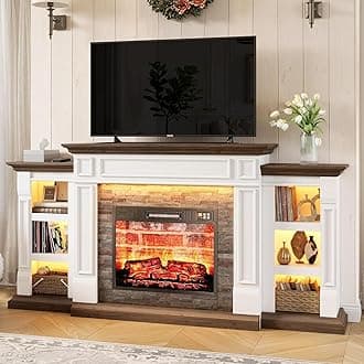 72" Electric Fireplace with Mantel and Cabinets, Fireplace TV Stand for Living Room Bedroom, LED Light, Stacked Stone Surround and 3D Realistic Flame Insert Heater