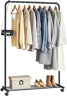 SONGMICS Clothes Rack on Wheels, Single-Rail Metal Garment Rack, with Storage Shelf, Top Rail Holds up to 40 kg, Black HSR25BK