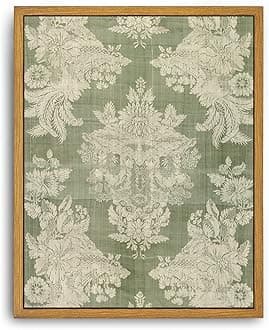 Roslynity Framed Canvas Wall Art Vintage Print Muted Green Tapestry Textile Paintings Neutral Green Antique Retro Aesthetic Artwork for Home Living Room Bathroom Farmhouse Wall Decor (8"x10")